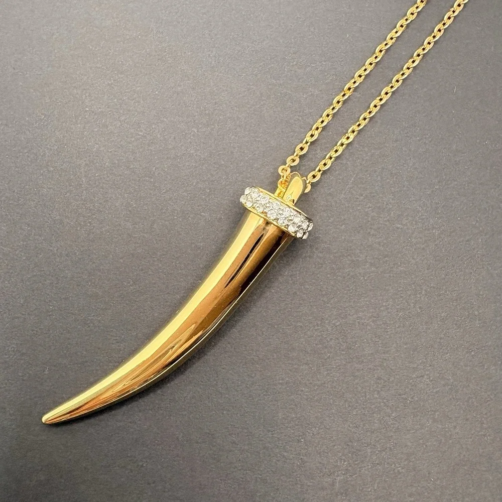 Vintage Tusk Pendant Necklace Gold Tone‎ Pavé Crystals 36